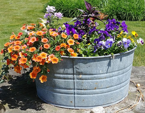 Galvanized round wash tub planter